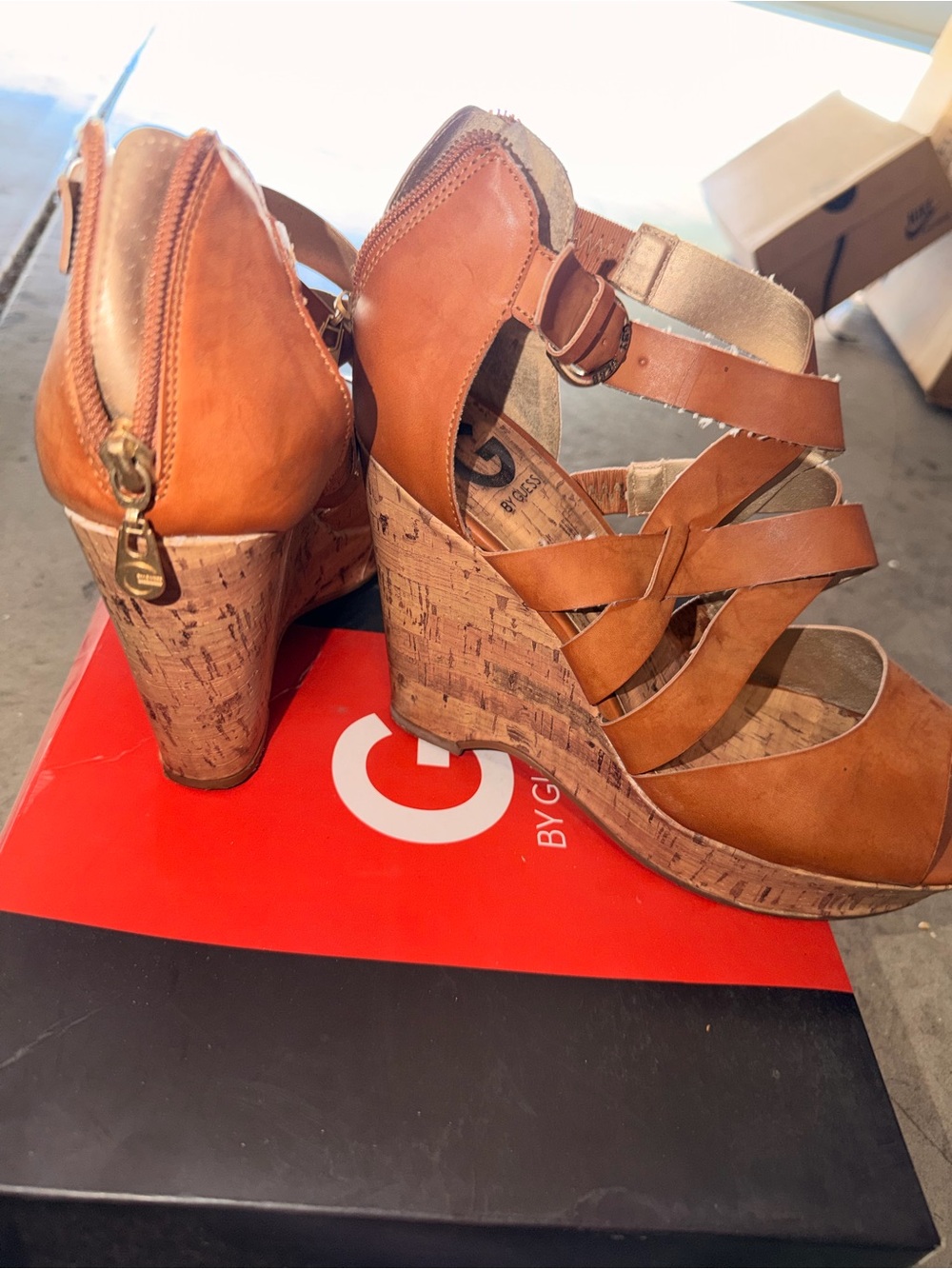 GUESS Tan Cork Wedge Strappy Sandals